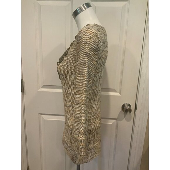 BCBG Max Azria Tan Loose Knit V-Neck Sweater W/ Beaded Neckline, Size Small - Picture 3 of 7